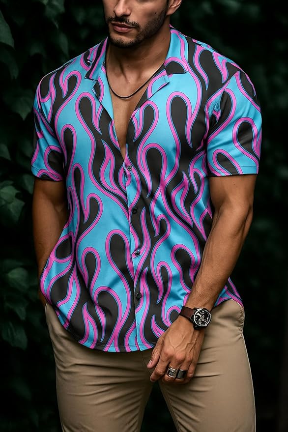 Turquoise‑Pink Flame Print Button‑Up Shirt