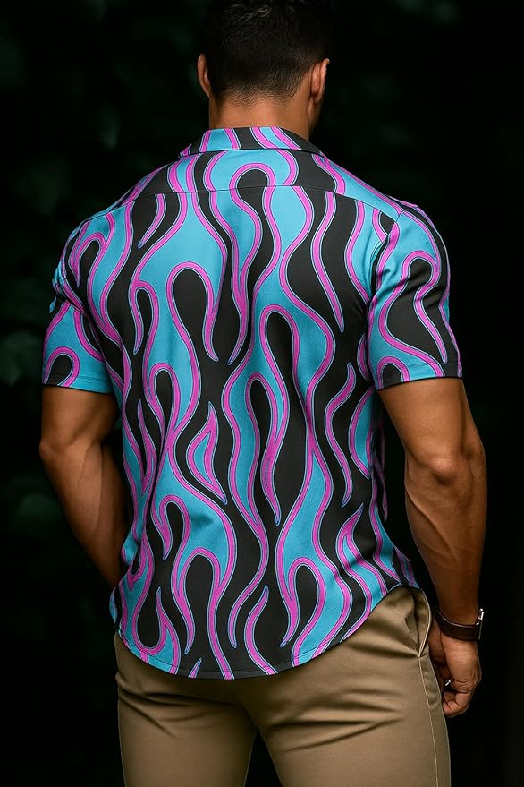 Turquoise‑Pink Flame Print Button‑Up Shirt