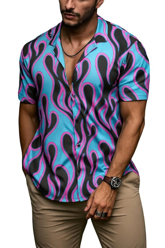 Turquoise‑Pink Flame Print Button‑Up Shirt